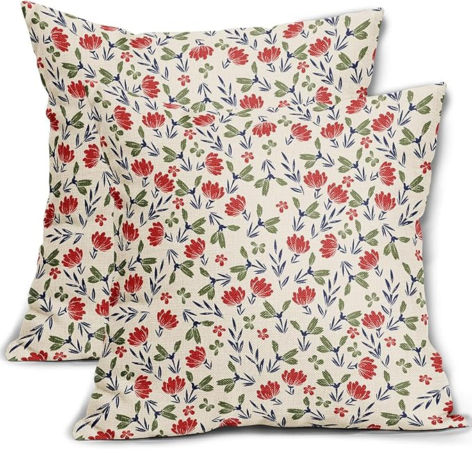 4th of July Floral Pillow Covers 18x18 Set of 2 Vintage Rustic Old Style Navy Blue Red Green Flow... | Amazon (US)