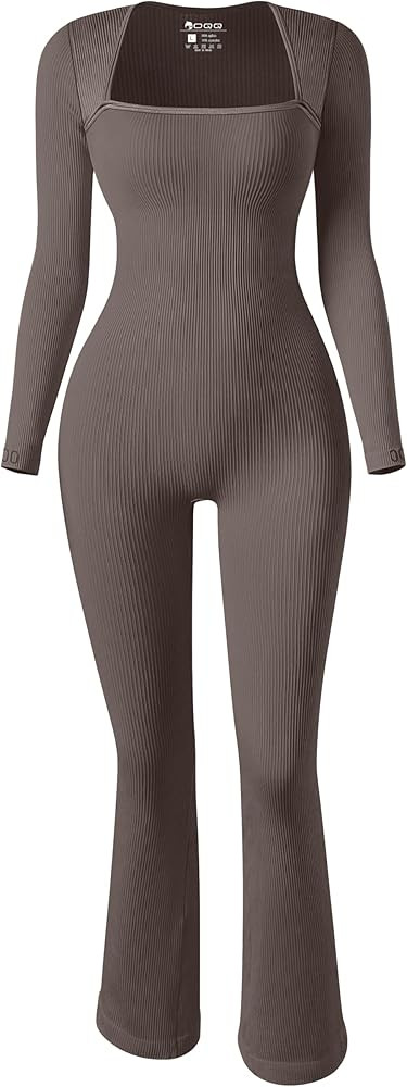OQQ Long Sleeve Jumpsuits for Women Ribbed Long Sleeve Yoga Bell Bottoms Flare Jumpsuits | Amazon (US)