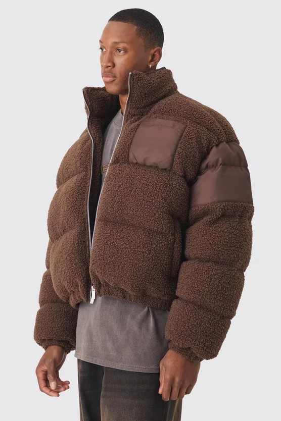 Borg & Nylon Funnel Neck Puffer In Chocolate | boohooMAN (US & Canada)