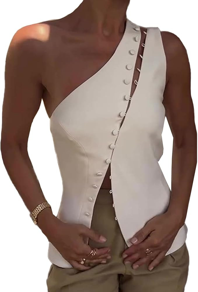 Raboolion Womens Sexy One Shoulder Sleeveless Waistcoat Slim Fit Button Down Backless Business Cr... | Amazon (US)