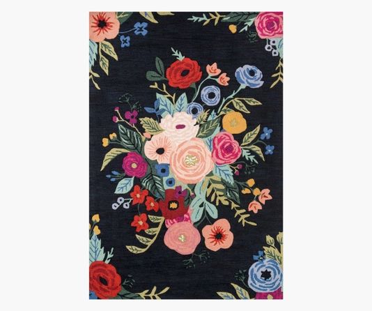 Les Fleurs Juliet Rose Bouquet Black Wool-Hooked Rug | Rifle Paper Co. | Rifle Paper Co.