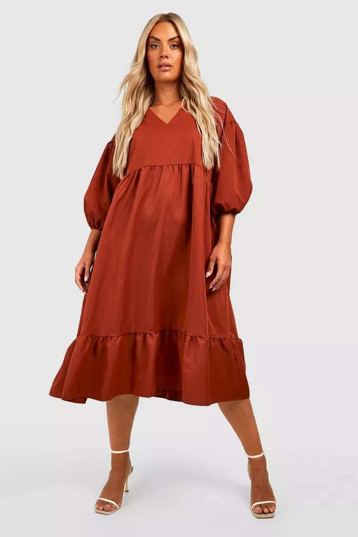 Plus Woven Puff Sleeve Tiered Smock Dress | boohoo (US & Canada)