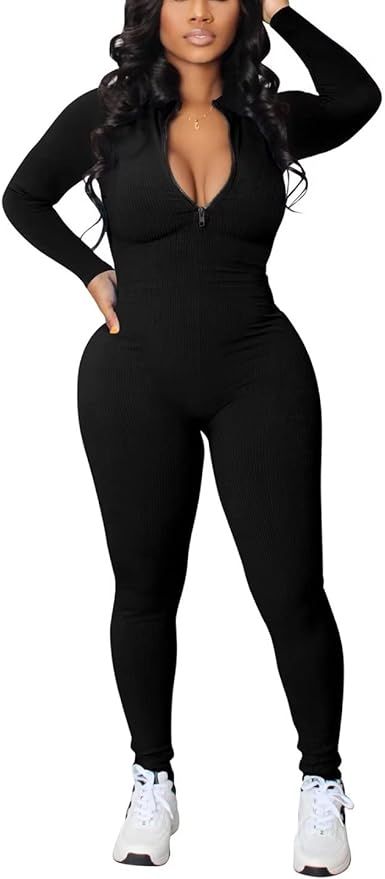Mojessy One Piece Jumpsuits for Women Ribbed Long Sleeve Front Zipper Bodycon Jumpsuits Party Clu... | Amazon (US)