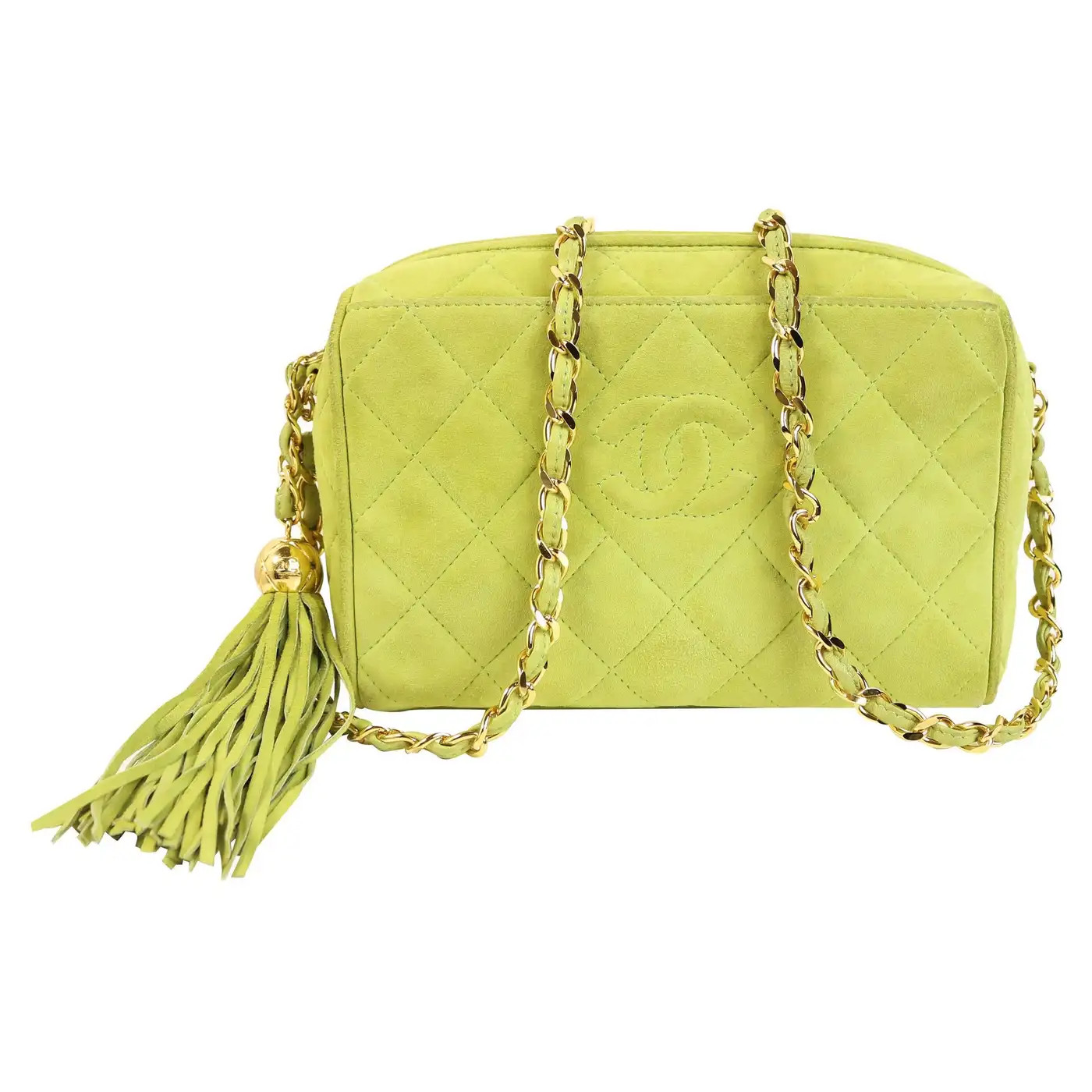 Chanel green quilted suede camera tassel shoulder bag | 1stDibs