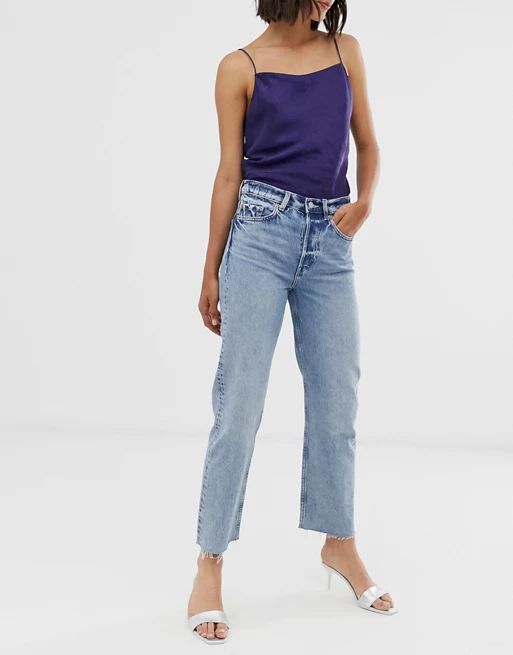 & Other Stories straight leg jeans with raw hem in mid blue | ASOS US