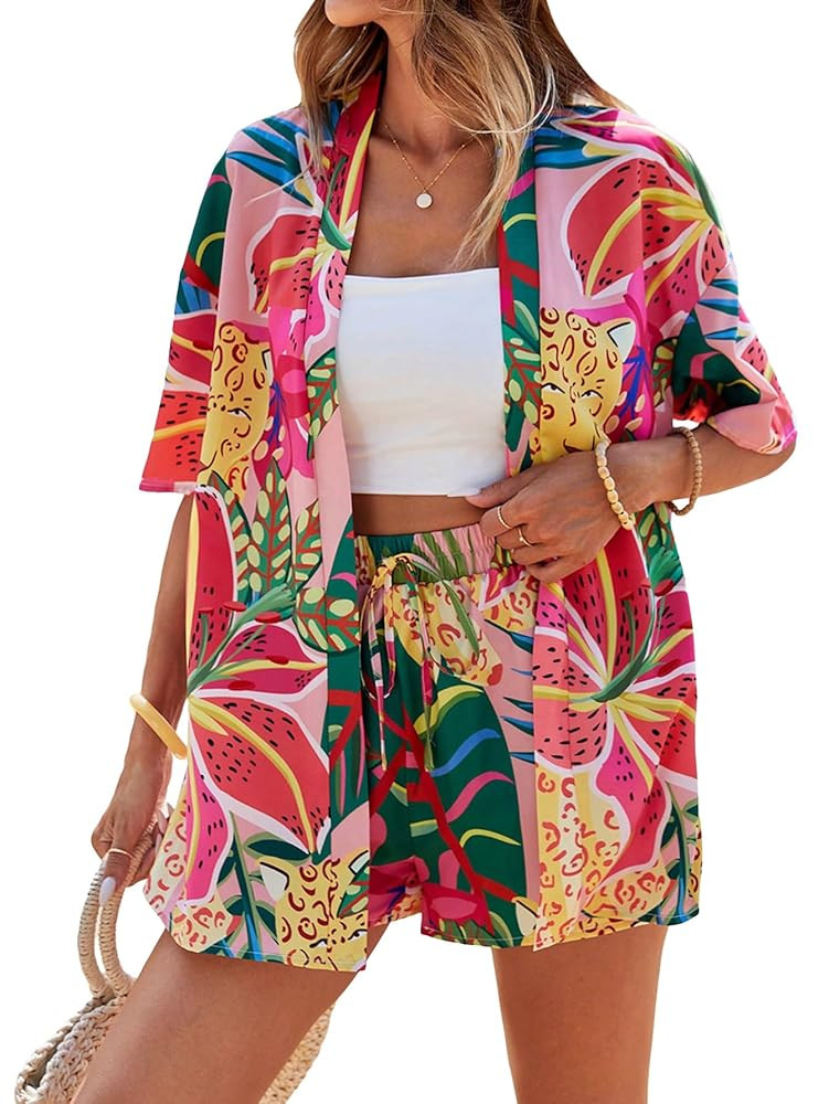 SOLY HUX Women's Summer 2 Piece Outfits Hawaiian Tropical Print Open Front Half Sleeve Kimono and... | Amazon (US)