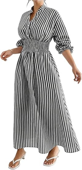 utcoco Women's Beach Boho Striped Smocked Waist Maxi Dress Long Sleeve A-Line Swing Long Dresses | Amazon (US)