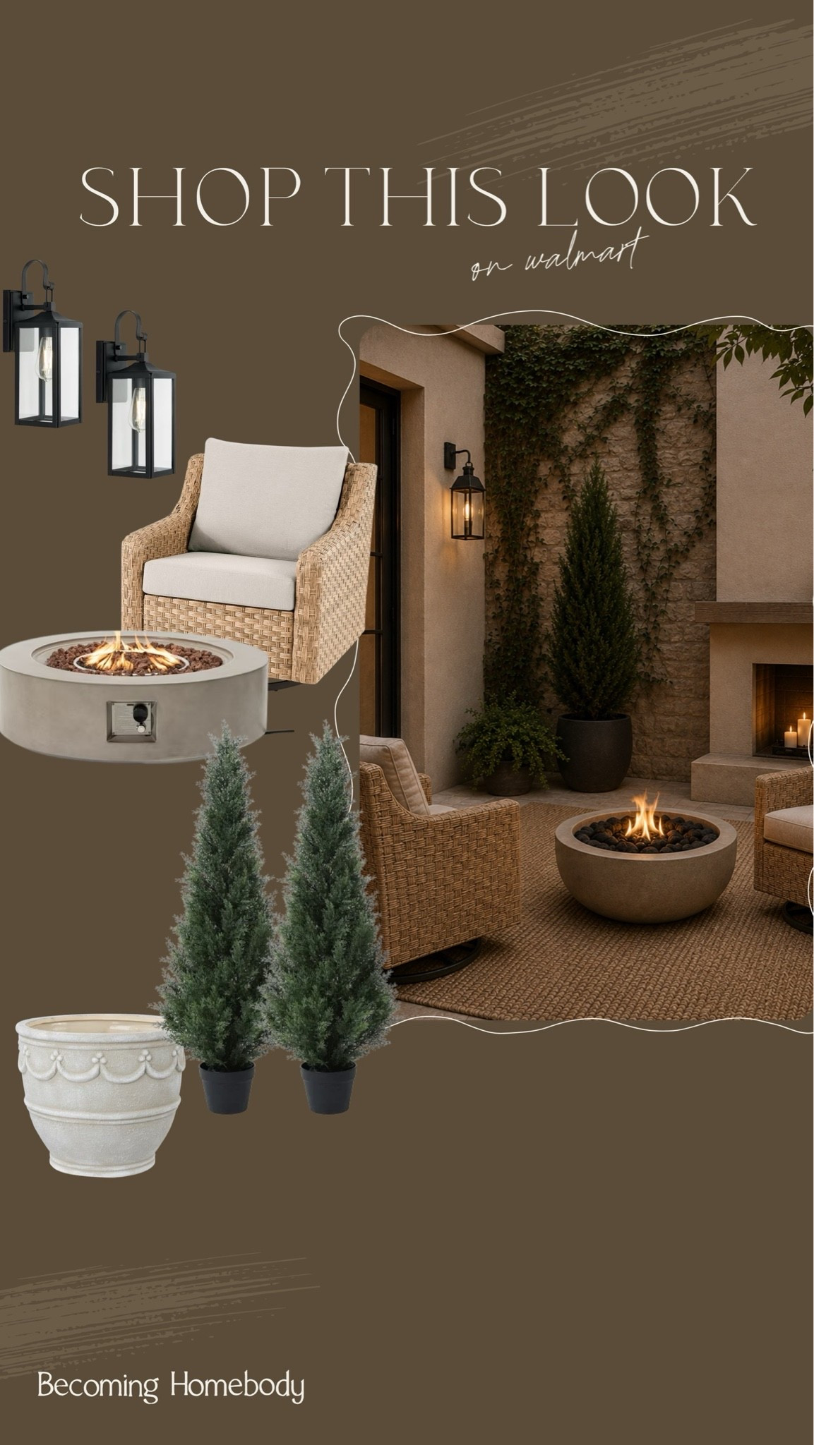 Shop this look on Walmart 😍 This patio is one of my favorite things I’ve used AI to style. The rattan chairs, fire pit, and pretty planter and trees look so beautiful together.