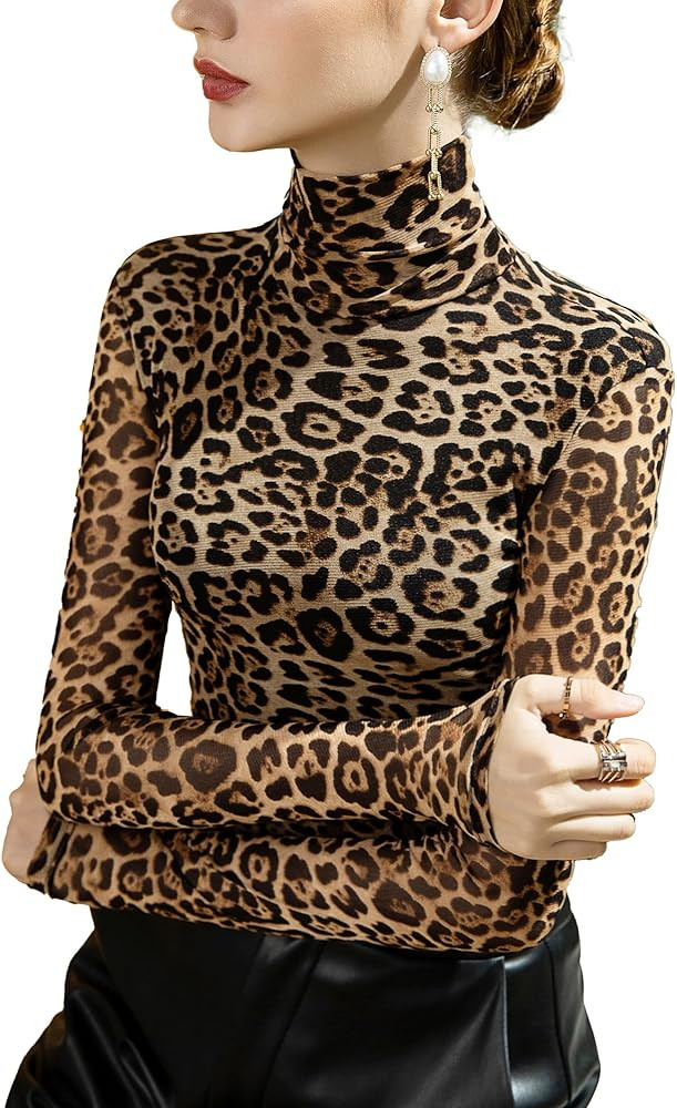 Women's Soft Long Sleeve High Neck Leopard Print Tops Pullover Baselayer Fitted Undershirts Light... | Amazon (US)
