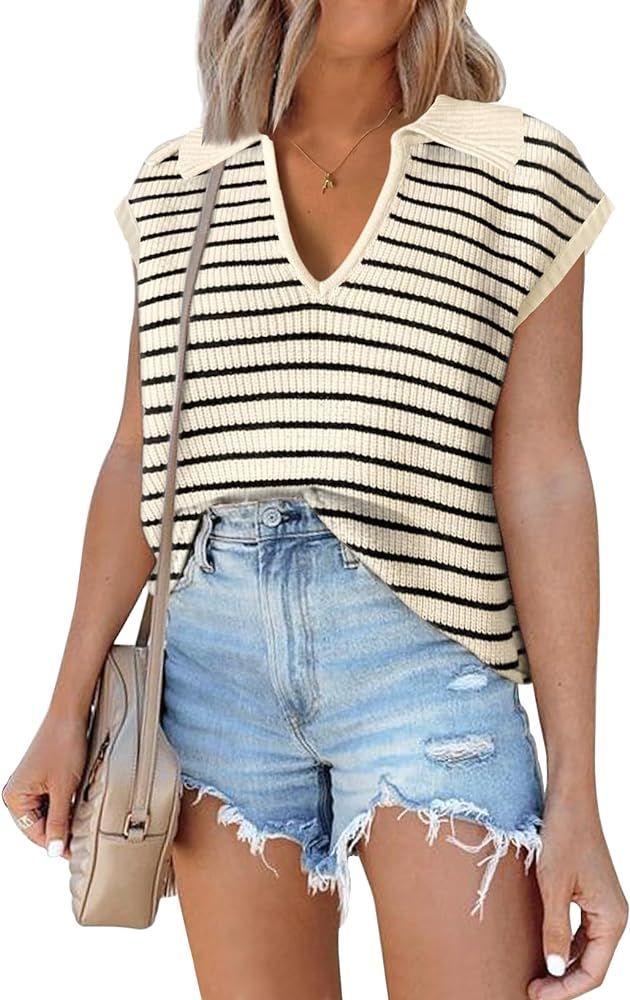 Short Sleeve Sweater for Women 2024 Spring Striped Sweater Vest Polo Sweater Tank Tops Summer Top... | Amazon (US)