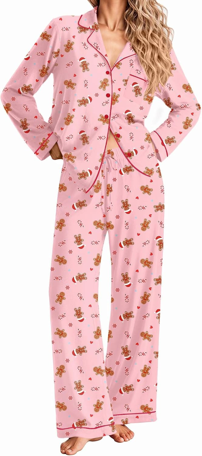 Ekouaer Women Christmas Pajama Long Sleeve Button Up Loungewear Striped Pjs | Amazon (US)