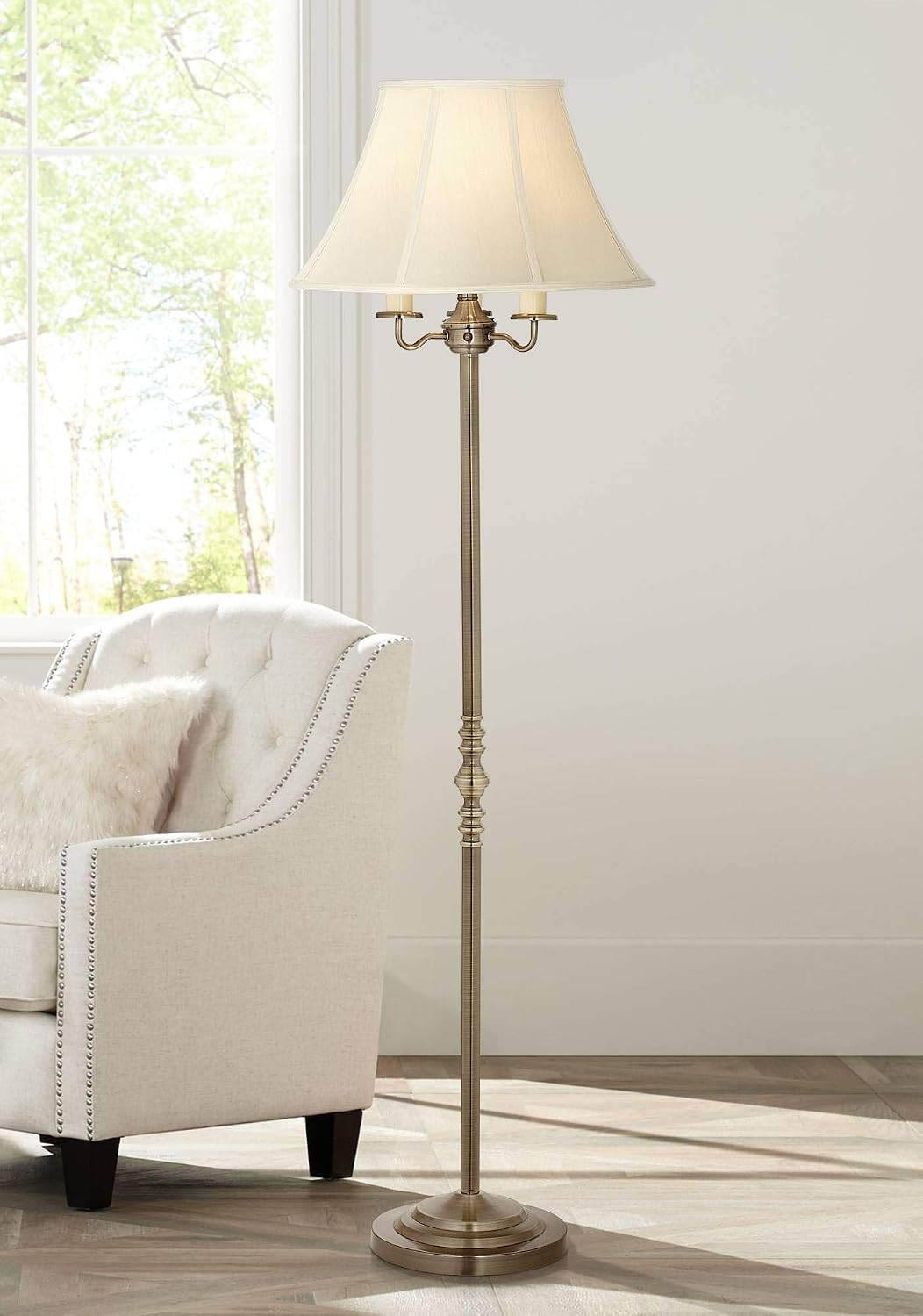 Regency Hill Montebello Traditional Shabby Chic Floor Lamp Standing Pole 59" Tall Antique Brass Gold Metal Off White Bell Shade Candelabra Decor for Living Room Reading House Bedroom Home | Amazon (US)