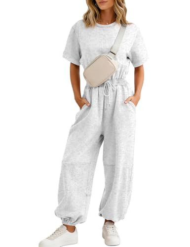 Flygo One Piece Jumpsuits for Women Crewneck Short Sleeve Casual Wide Leg Long Pants Drawstring Rompers Outfits with Pockets(LightGrey-S) | Amazon (US)