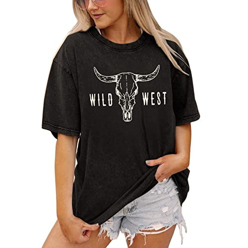 IZYJOY Women Wild West T Shirt Boho Cow Skull Western Graphic Bleached Tee Redeo Shirt Cowgirls Vintage Oversized Summer Tops(Charcoal Black,Small) | Amazon (US)