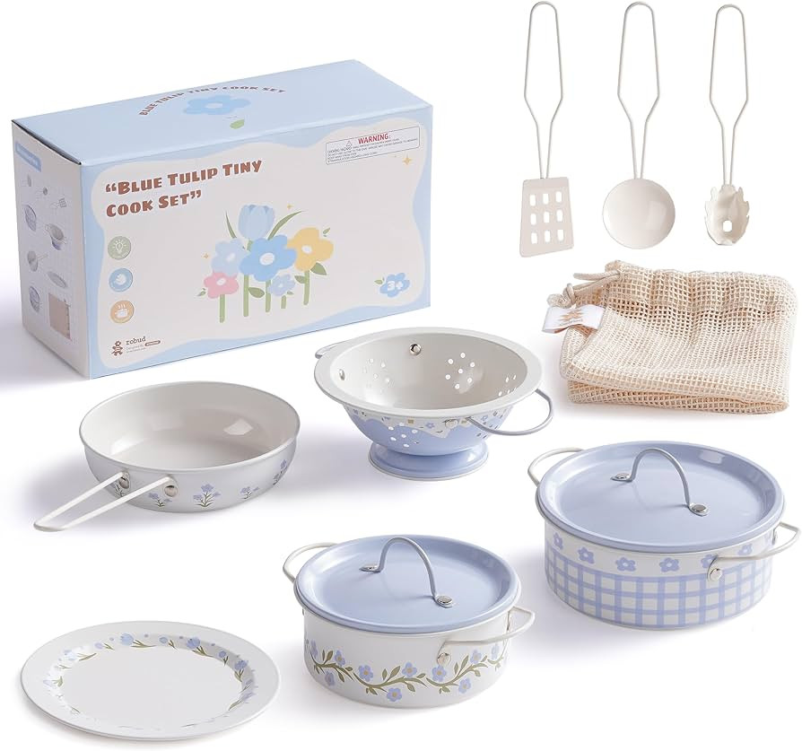 ROBUD Kids Pots and Pans Playset,Kids Kitchen Accessories Pretend Cooking,Cream Blue Pots and Pan... | Amazon (US)