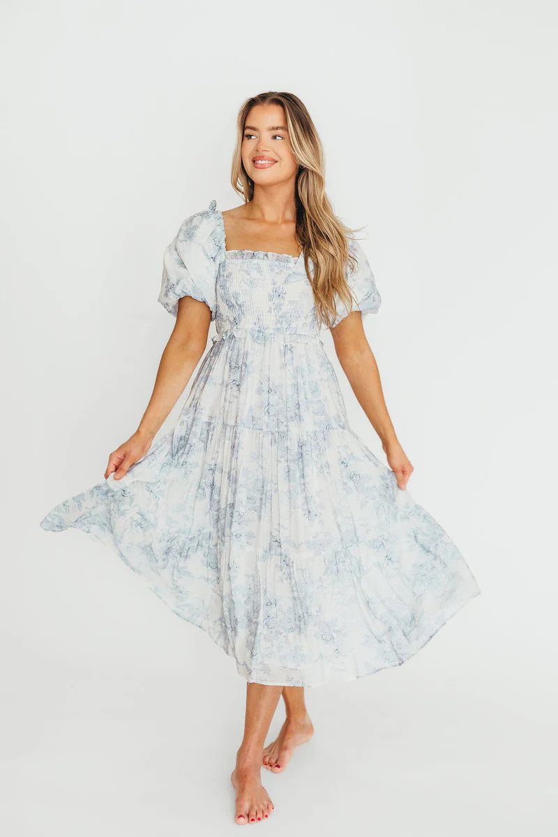 Elena Floral Print Smocked Midi Dress in Blue - Bump Friendly & Inclus | Worth Collective