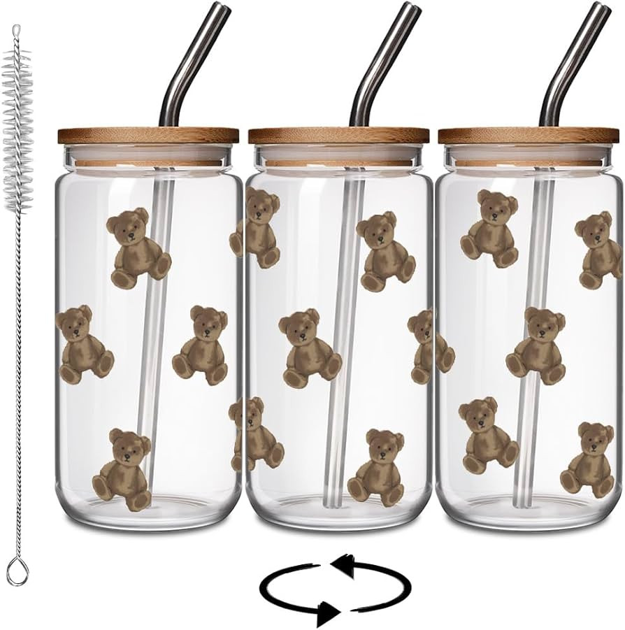 FALJIOK Cute Bear Mug, 16oz Glass Can Cup, BPA-Free, Reusable for Bear Lovers | Amazon (US)
