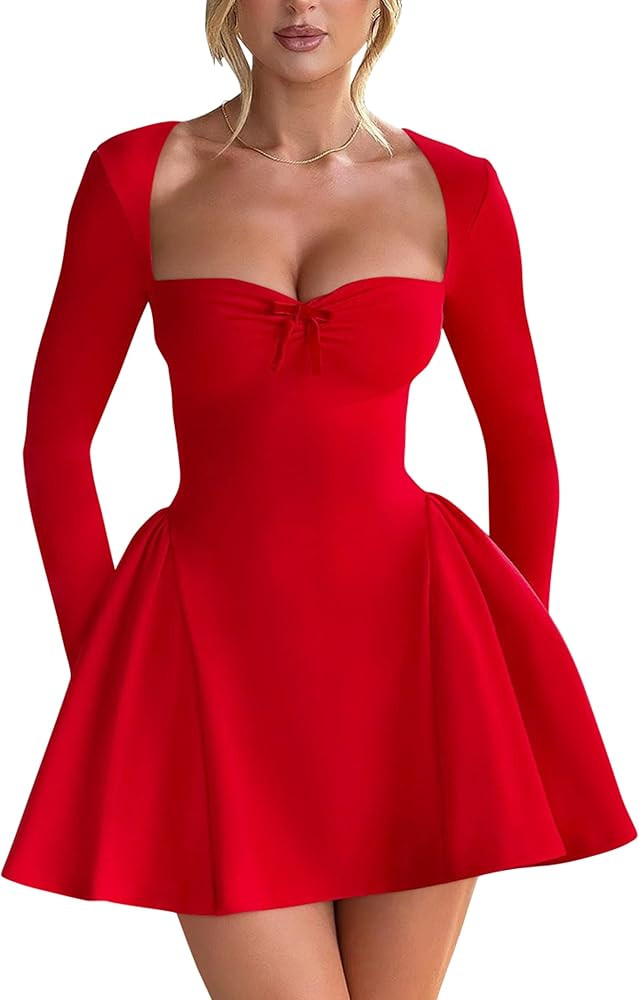 YMDUCH Women's Sexy Long Sleeve Sweetheart Neck A-line Ruffle Hem Party Club Mini Dress | Amazon (US)