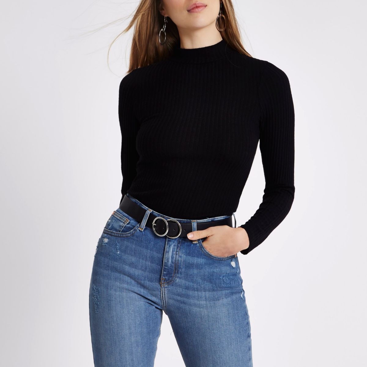 River Island Womens Black ribbed high neck fitted top | River Island (UK & IE)