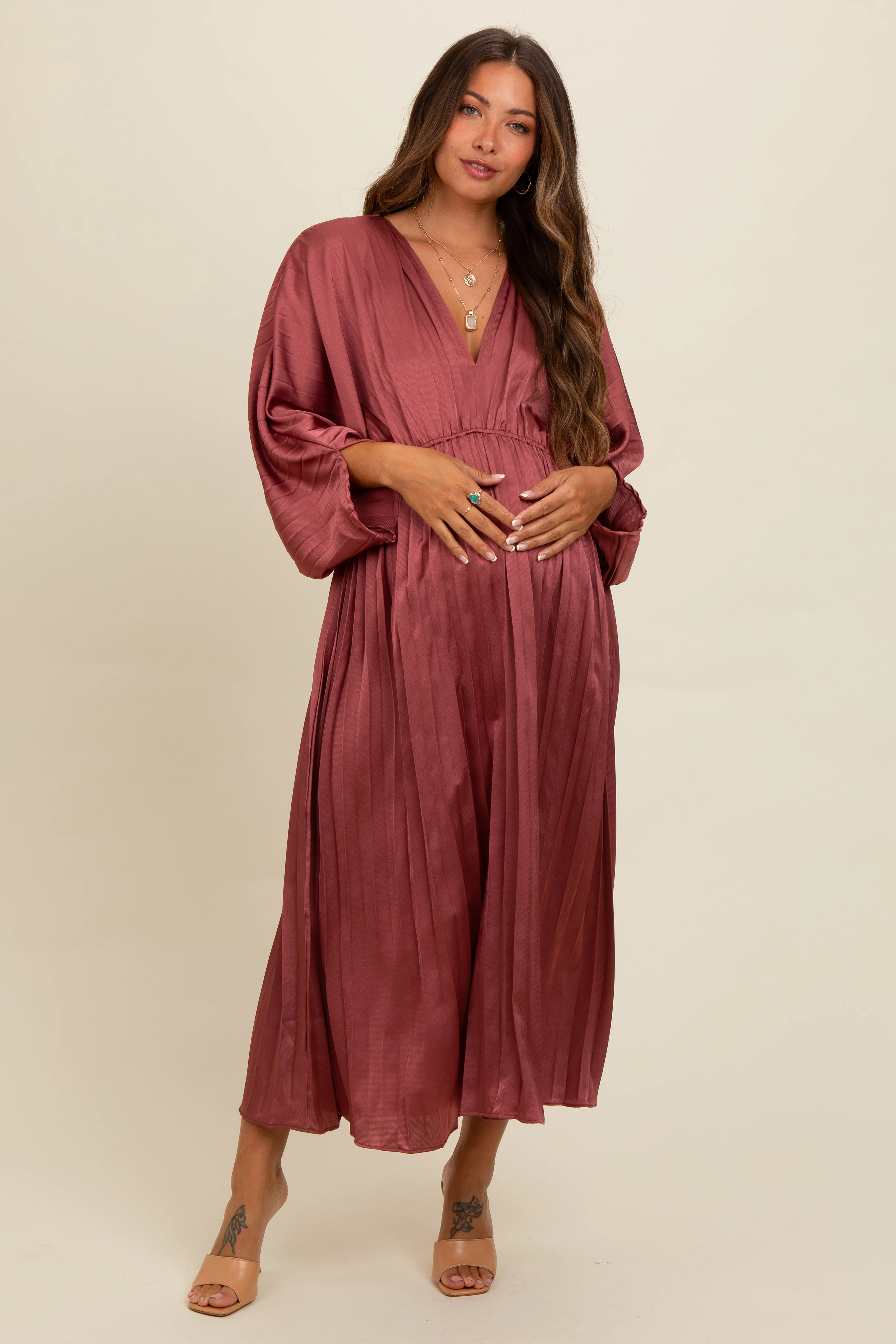 Mauve Satin Pleated V-Neck Maternity Maxi Dress | PinkBlush Maternity