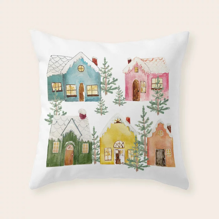 Colorful Winter Cottages Throw Pillow | Society6