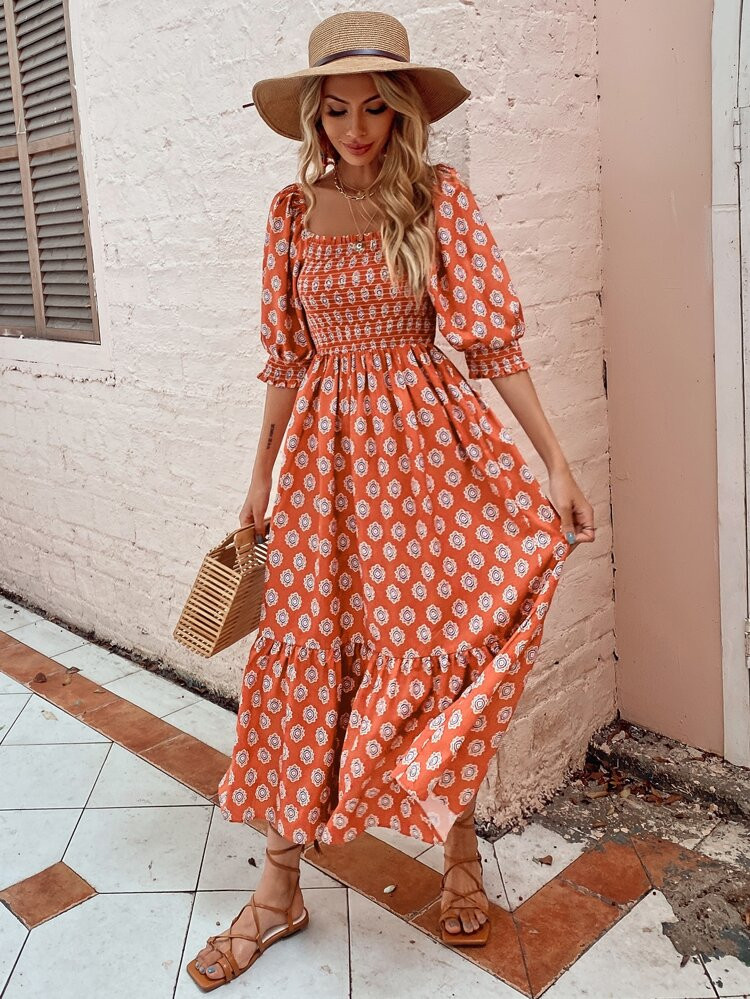 Allover Print Shirred Ruffle Hem A-line Dress | SHEIN