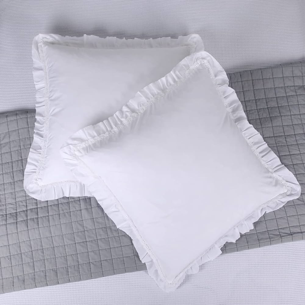 JNG Kraftlab White Ruffle Pillow Case 100% Cotton Boho Euro Sham Vintage Elegant Lace Inlay White... | Amazon (US)
