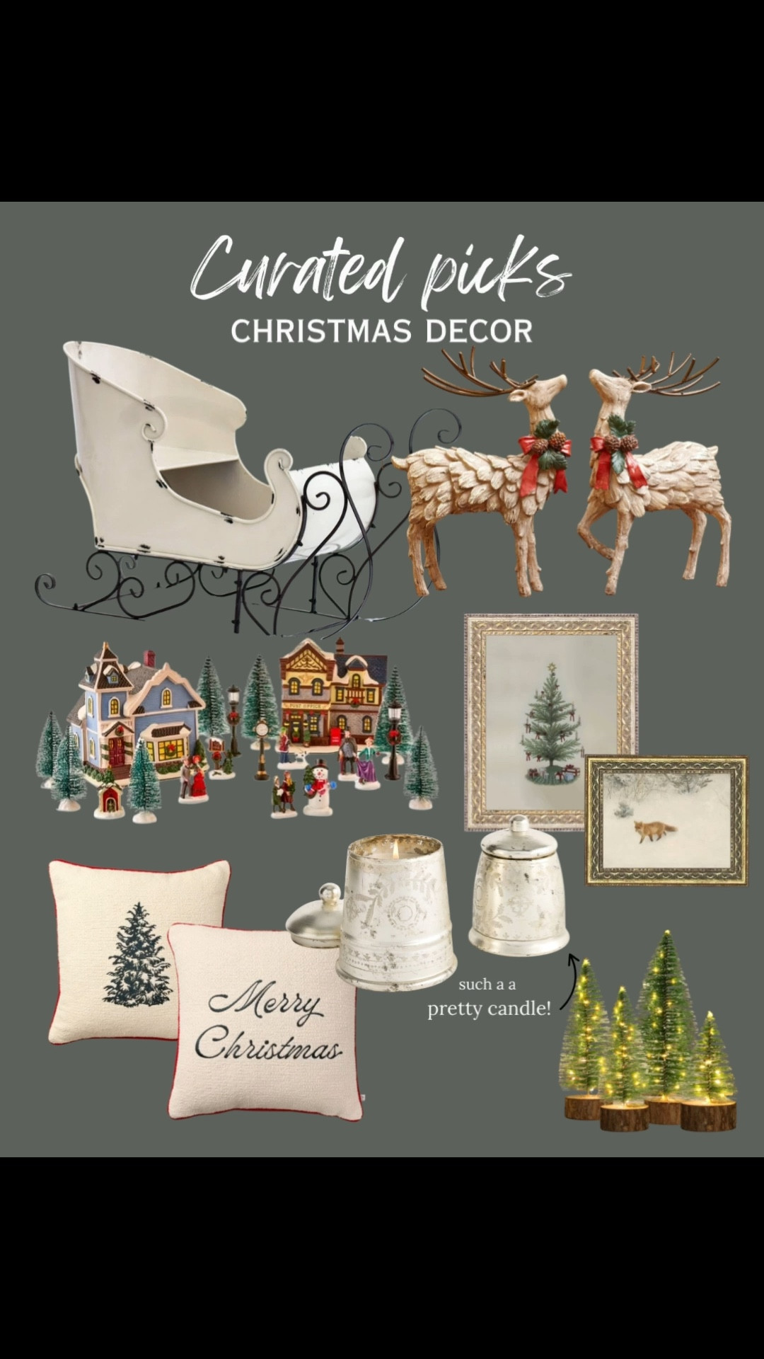 I’m loving these Christmas decor finds! The sleigh is so so pretty a little on the expensive side but definitely a decor item to invest in! And these candles are currently sitting n sale! So so pretty! Shop by clicking the thumbnails!  Living room decor, Christmas decor, holiday decor, Christmas season, sleigh, Santa sleigh, large Santa sleigh, reindeer decor, tree decor, Christmas pillows, accent pillows, Christmas table decor, wall art, winter wall art, Christmas art

#LTKSeasonal #LTKHoliday #LTKHome
