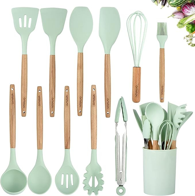 VIVAYO Silicone Cooking Utensil Kitchen Utensils Set, 12 Pieces Silicone Kitchen Utensil Wooden H... | Amazon (US)