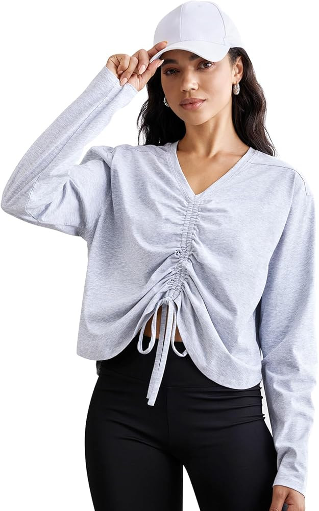 AARYA Athletic Shirts Women, Summer Long Sleeve Reversible Yoga Top with Drawstring Loose V-Neck ... | Amazon (US)