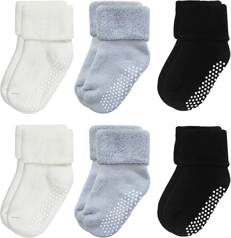 VWU Ankle Crew Socks with Grips, Baby Toddler Kids Unisex Warm Thick Cotton Socks 0-6T 6-Pack | Amazon (US)