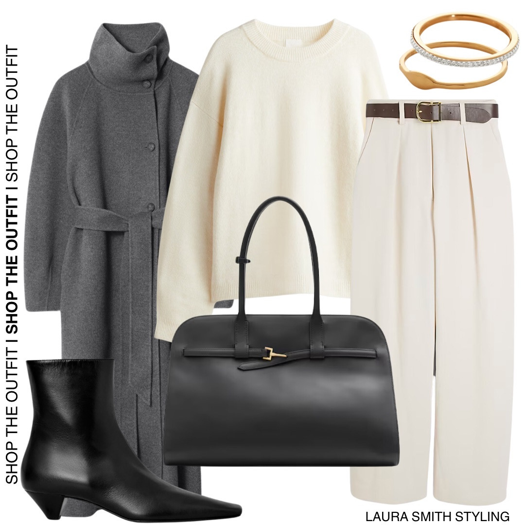 An outfit full of winter wardrobe staples. 

Including grey long coat, white knit jumper, white tailored trousers, black handbag, black ankle boots, gold ring, diamond ring  

#LTKstyletip #LTKuk #LTKautumn