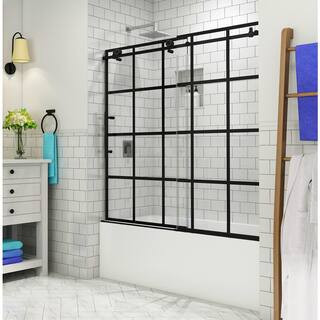 Aston Kamaya 56 - 60 in. x 60 in. Completely Frameless Sliding Tub Door in Matte Black, Left Open... | The Home Depot