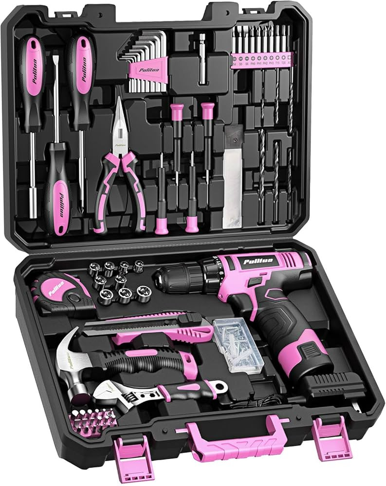 PULITUO Drill Set, 148-Piece Home Tool Set with 12V Pink Cordless Drill, Hand Tool Kits, and Tool... | Amazon (US)