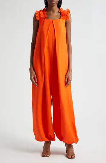 ORIRE Oma Ruffle Strap Linen Blend Jumpsuit in Orange at Nordstrom Rack, Size 4 | Nordstrom Rack