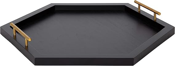 Kate and Laurel Halsey Hexagon Decorative Wooden Tray with Polished Metal Handles, 22 x 19, Black... | Amazon (US)