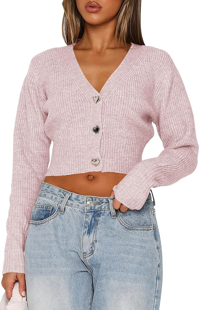 Balimtoy Cropped Cardigan Sweaters for Women Long Sleeve V Neck Knit Short Cardigan Button Up Swe... | Amazon (US)