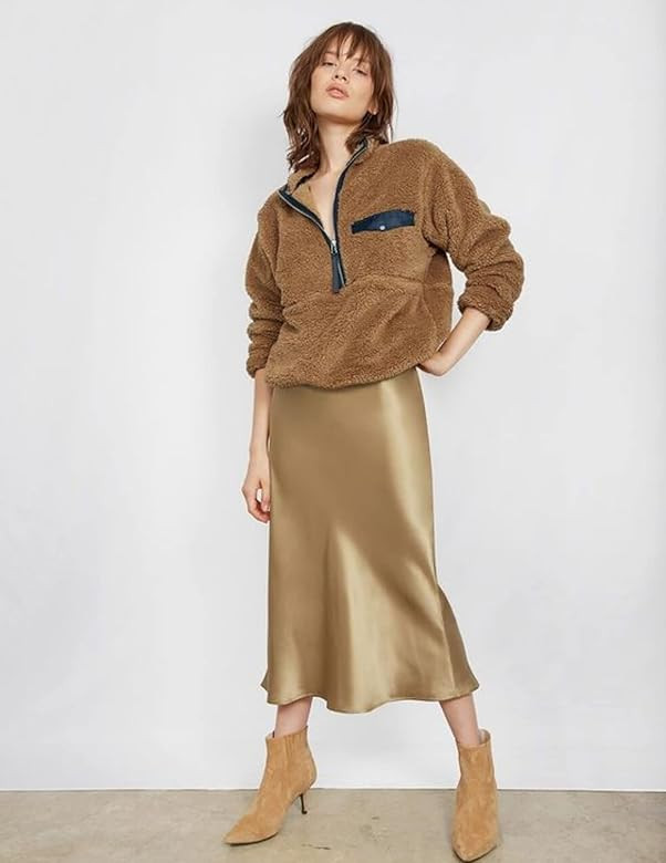 Zeagoo Womens Midi Skirt High Waisted Solid Satin Dress Zipper Elegant Work Skirts | Amazon (US)