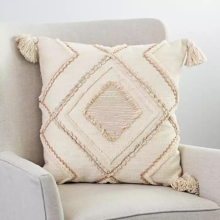 Ivory Embroidered Diamond Tassel Throw Pillow | Kirkland's Home