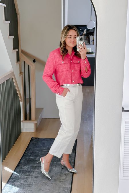 White Barrel Pants (tts)
Silver Slingback Pumps (tts)
Pink Tweed Jacket with Jeweled Buttons (Medium)

#LTKworkwear #LTKshoecrush #LTKstyletip