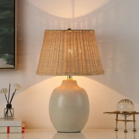 Better Homes & Gardens 18" Cream Reactive Ceramic Table Lamp with Natural Rattan Shade | Walmart (US)