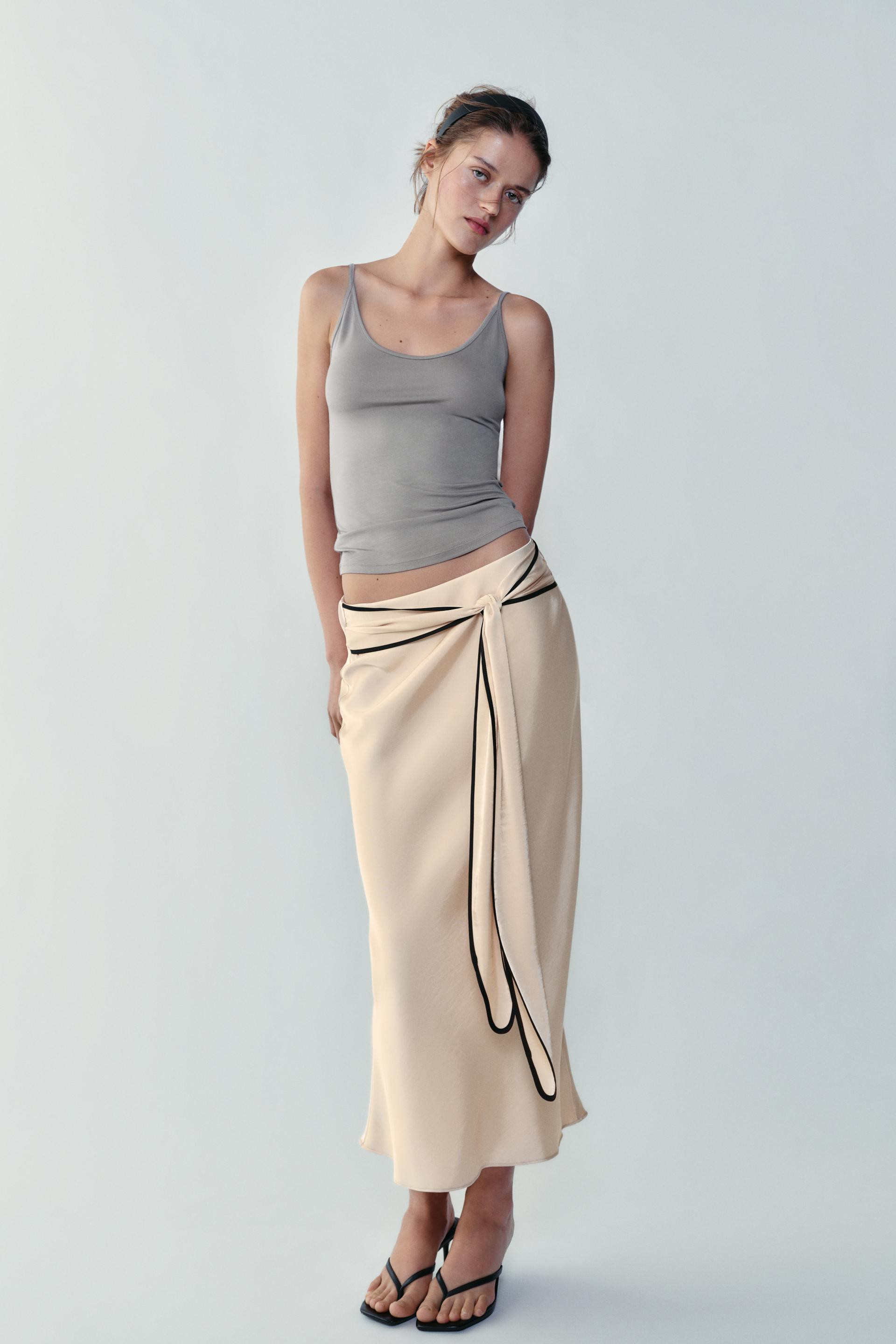 Zara - Satin Midi Skirt With Knot - Ecru - S - Woman | Zara US