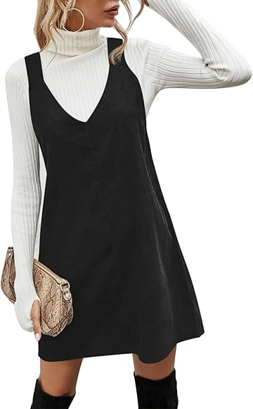Koinshha Women V Neck Corduroy Overall Dress Casual Loose Short Pinafore Dresses Cute Mini Jumper... | Amazon (US)