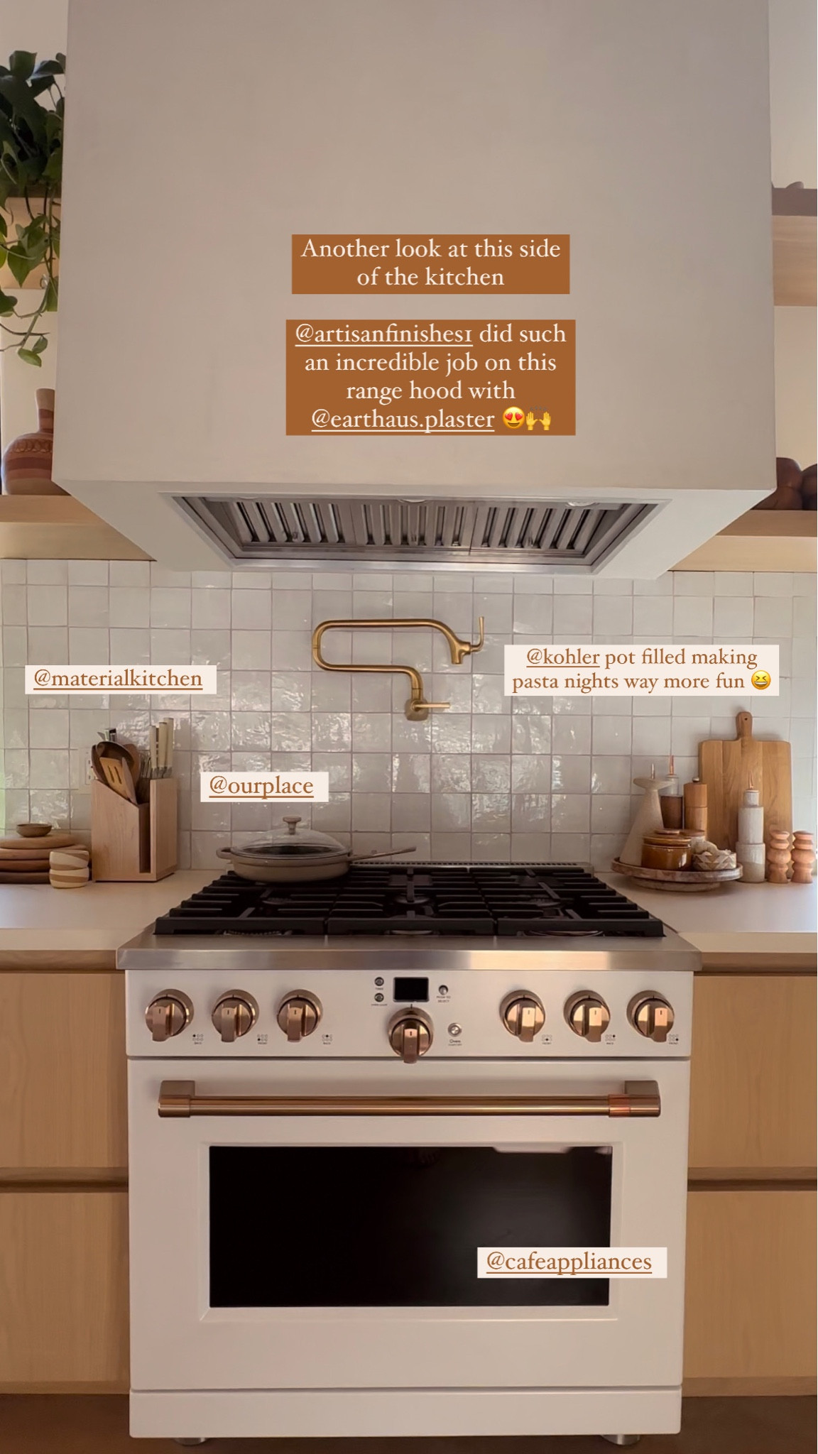 Kitchen set up - natural ceramics - white cafe gas range - wooden utensil holder - gold Kohler pot filler - wooden cutting boards - Mexican pottery - neutral earthy kitchen design 

#LTKhome