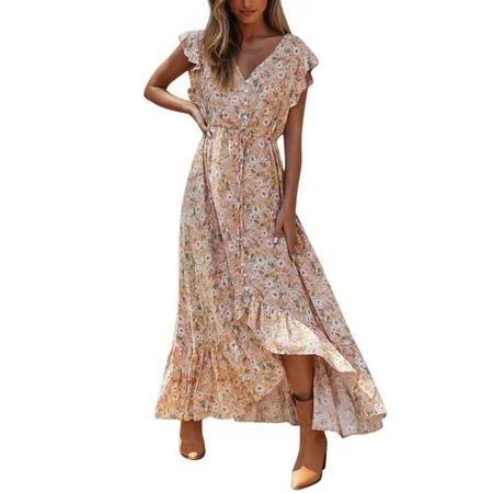 Mchoice Sexy dresses maxi dress Sleeveless Floral Print V Neck Split Ruffle wedding guest dresses fo | Walmart (US)