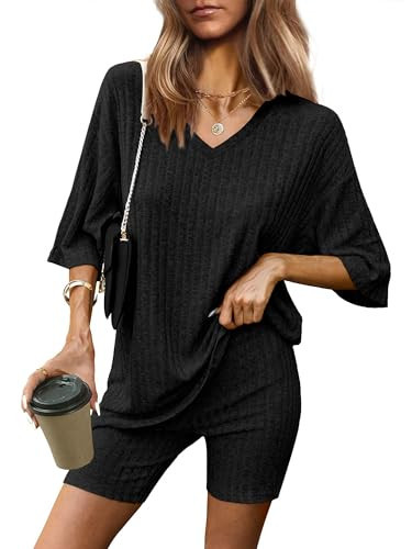 AGSEEM Summer Outfits for Women Vacation Short Sleeve Loungewear Set 2 Piece Black M | Amazon (US)