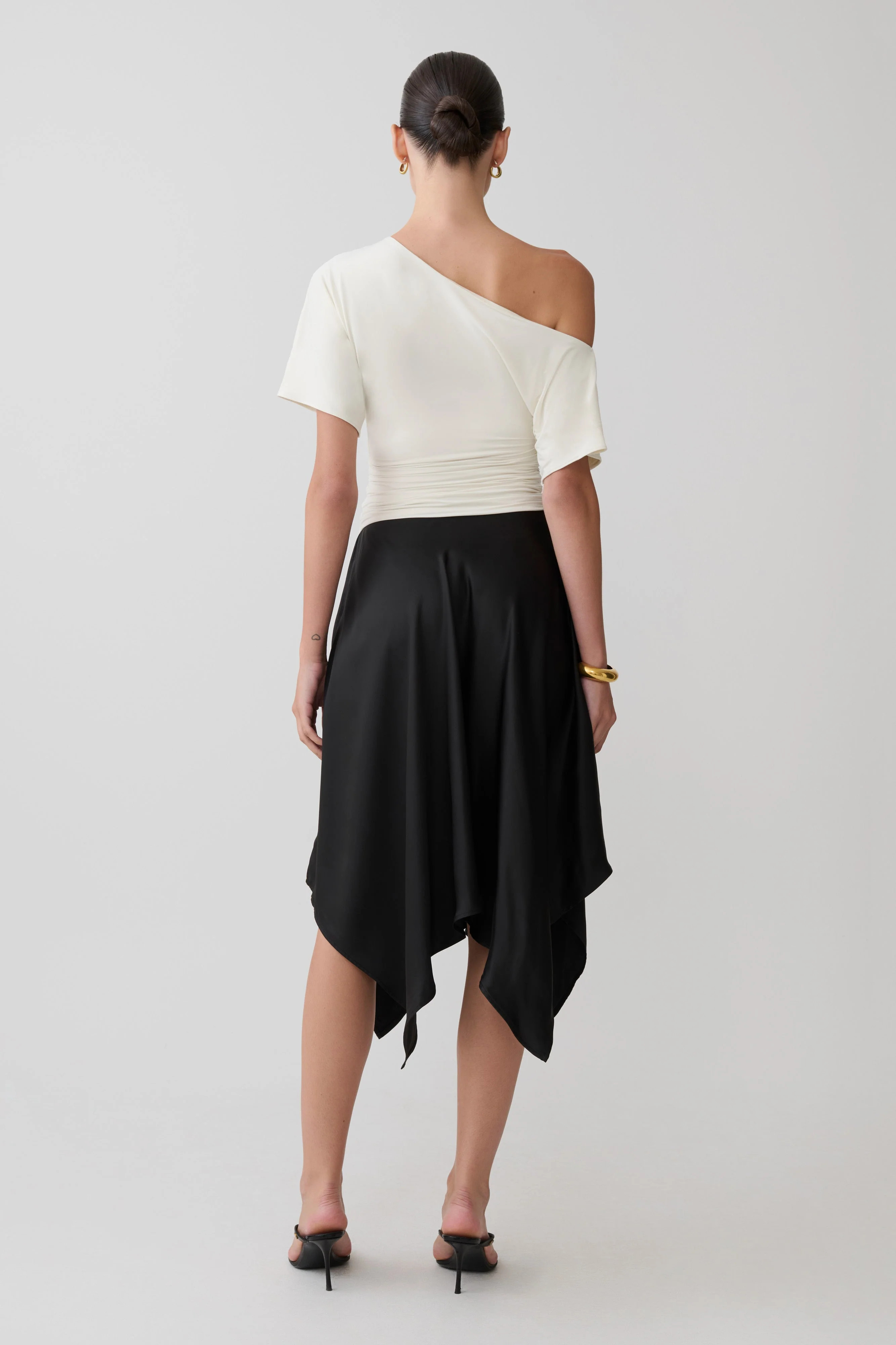 Coralie Asymmetric Satin Midi Skirt - Black | MESHKI US