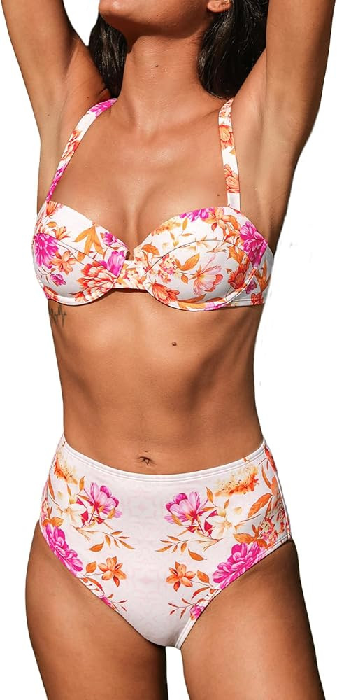 CUPSHE Women's Bikini Sets Two Piece Swimsuit High Waisted Underwire Sweetheart Neck Back Hook Ad... | Amazon (US)