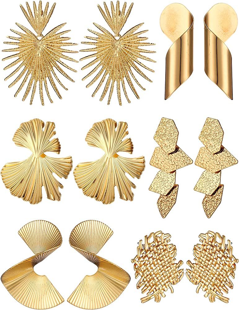 6 Pair Gold Statement Earrings for Women Girls Large Gold Geometric Earrings Woven Twisted Ginkgo... | Amazon (US)