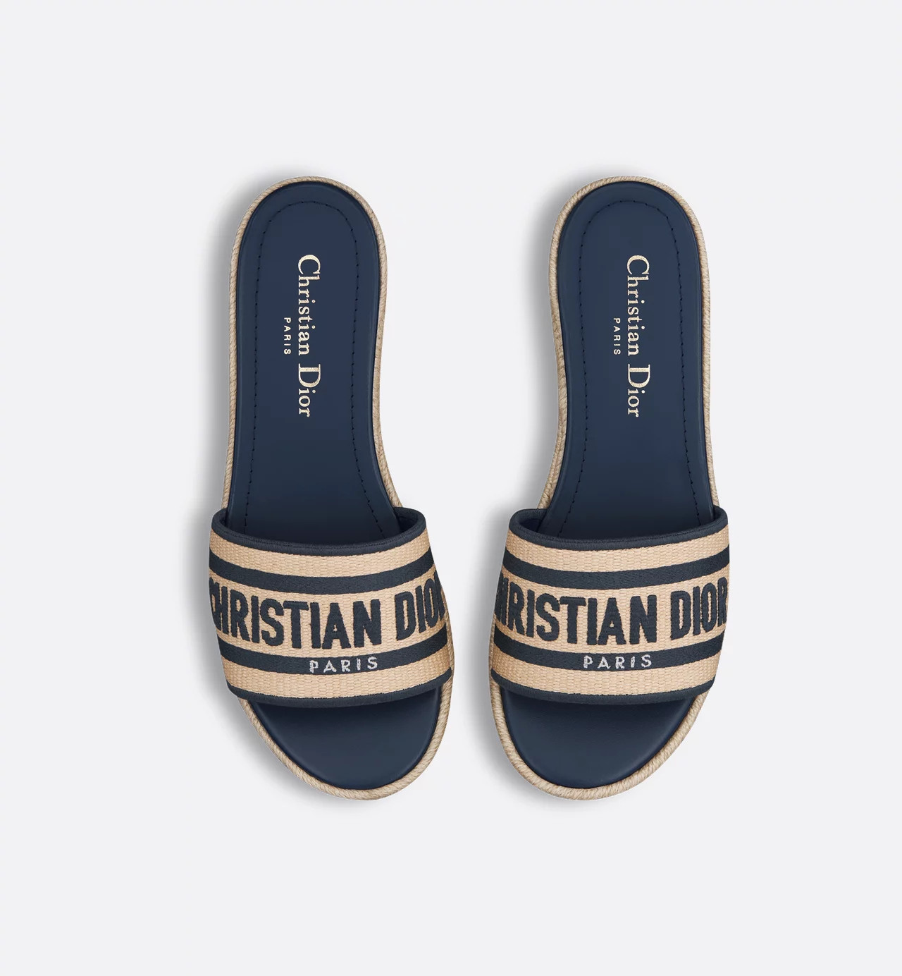 Dway Platform Slide Natural Raffia and Deep Blue Embroidered Cotton | DIOR | Christian Dior Parfums UK